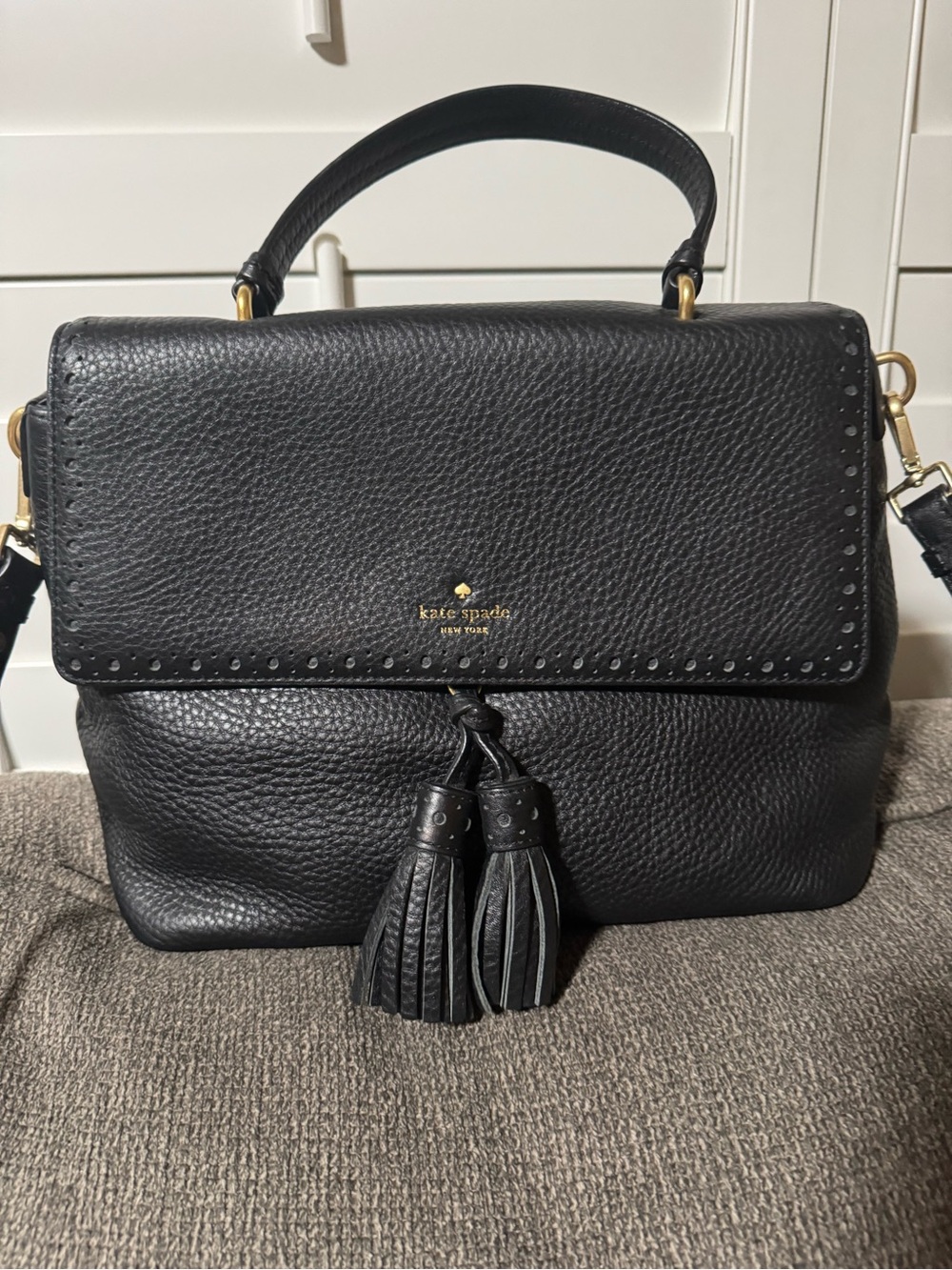 Kate Spade Black Pebbled Leather Top-Handle Satchel with Tassels
